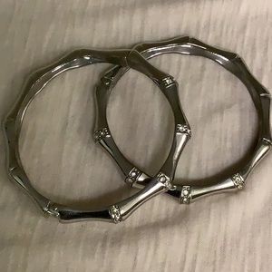 Silver tone Bamboo and Cz Hinged Bangle Bracelets